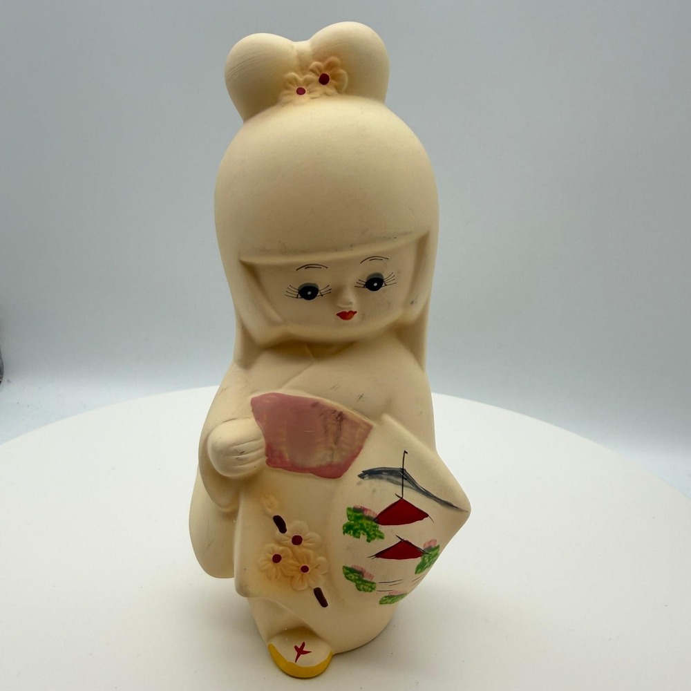 VTG Japanese Kokeshi Girl Doll figure Kimono Fan Cream matte bisque ceramic